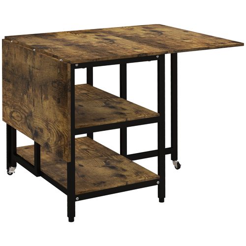 Table Pliante Extensible 140x80 Cm En Acier Marron, 2 Abattants Et 2 Étagères De Rangement