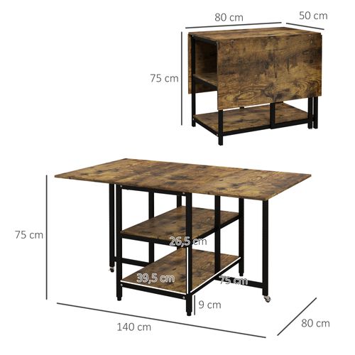 Table Pliante Extensible 140x80 Cm En Acier Marron, 2 Abattants Et 2 Étagères De Rangement