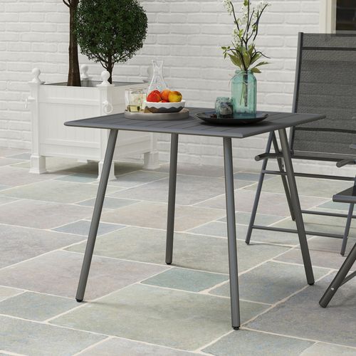 Table De Jardin 80x80x74 Cm En Acier Gris, Plateau à Lattes Anti‑stagnation Pour 4 Personnes