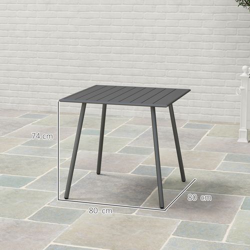 Table De Jardin 80x80x74 Cm En Acier Gris, Plateau à Lattes Anti‑stagnation Pour 4 Personnes