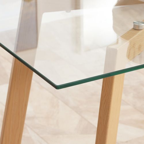 Table à Manger 120x60x76 Cm Pour 4 Personnes, Plateau Verre Trempé Et Pieds Acier Imitation Bois