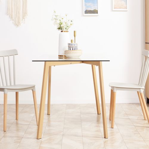 Table à Manger 120x60x76 Cm Pour 4 Personnes, Plateau Verre Trempé Et Pieds Acier Imitation Bois