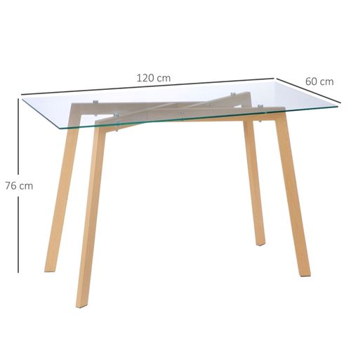 Table à Manger 120x60x76 Cm Pour 4 Personnes, Plateau Verre Trempé Et Pieds Acier Imitation Bois