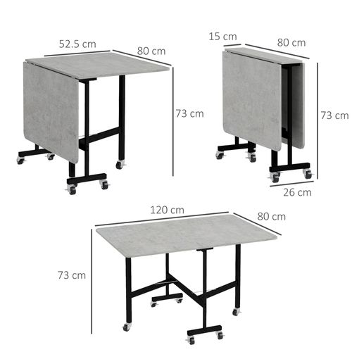 Table Pliante Extensible 120x80x73 Cm En Mdf Gris Avec Roulettes, Pour 4-6 Personnes