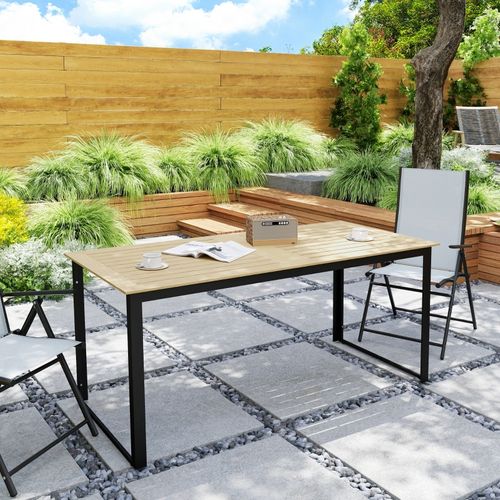 Table De Jardin 175x78x75 Cm Effet Teck, Plateau Lamellé Résistant, Pour 6 Personnes