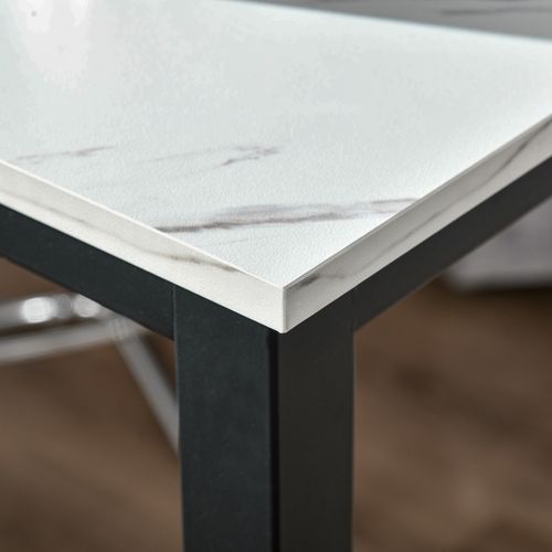 Table Haute 120x40x100 Cm Blanche Effet Marbre, Structure Acier Et Plateau Contreplaqué