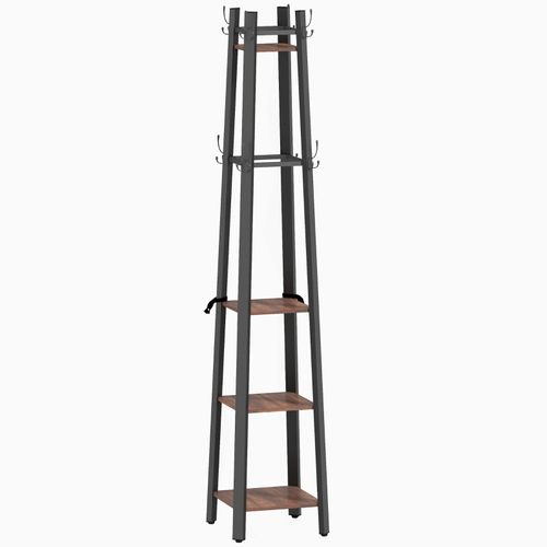 Portemanteau 2-en-1 Industriel 8 Crochets • 4 Étagères En Bois Brun • 34,8x34,8x179 Cm