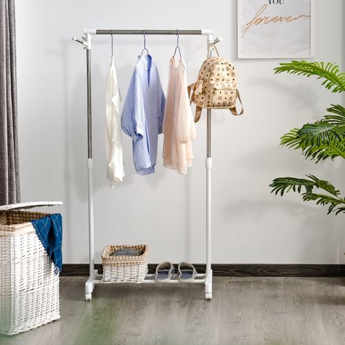 Portant Roulant Ajustable 68,5x42x87-145 Cm En Acier Inox Blanc, Étagère Inférieure