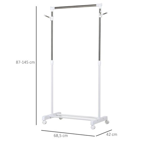 Portant Roulant Ajustable 68,5x42x87-145 Cm En Acier Inox Blanc, Étagère Inférieure