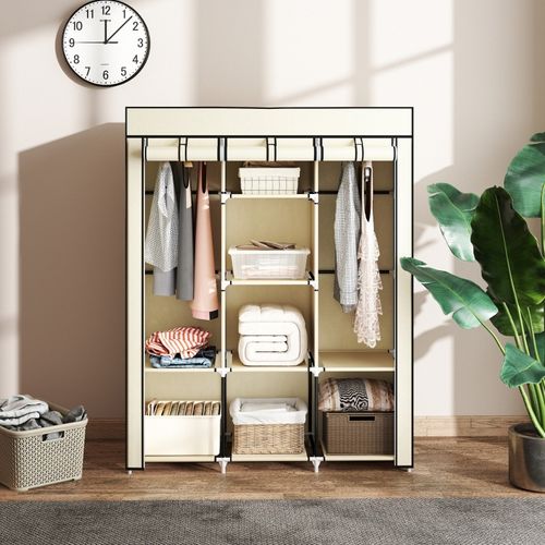 Armoire En Tissu Crème 125x43x162,5 Cm, 2 Tringles Et 8 Étagères, Fermeture Zippée