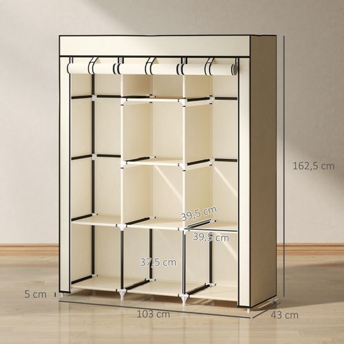 Armoire En Tissu Crème 125x43x162,5 Cm, 2 Tringles Et 8 Étagères, Fermeture Zippée
