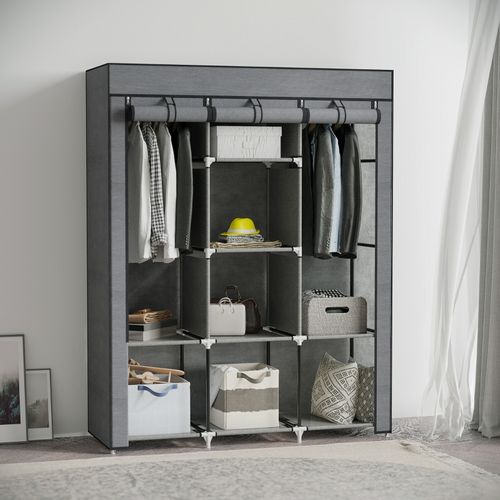 Armoire Textile 125 X 43 X 162,5 Cm Gris Foncé — 2 Tringles, 8 Étagères, Fermeture Zippée