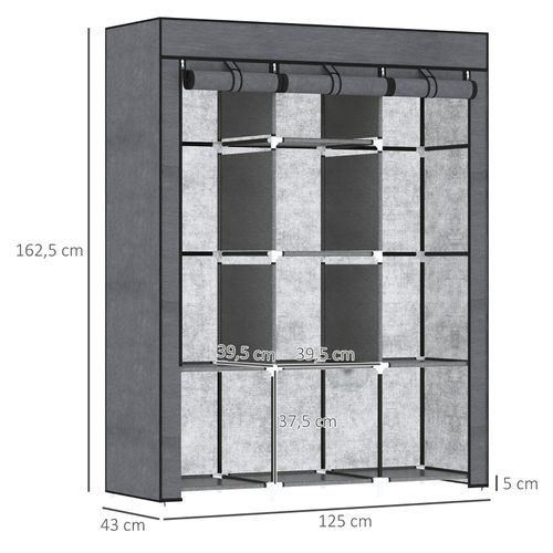 Armoire Textile 125 X 43 X 162,5 Cm Gris Foncé — 2 Tringles, 8 Étagères, Fermeture Zippée