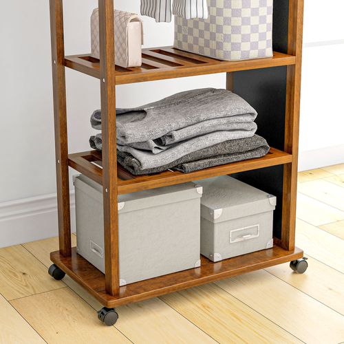 Miroir Sur Roulettes 59,8x170 Cm Finition Noyer Avec Tringle Et Étagères De Rangement