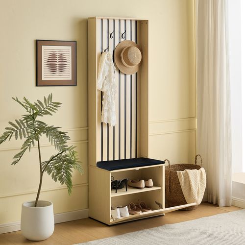Armoire Moderne Avec Banc, Rangement Pour Chaussures, 4 Crochets, Coussins Et Espace De Rangement