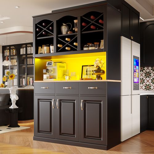 Buffet Haut 120x40x180 Cm En Mdf Noir Avec Éclairage LED Multicolore Pilotable Et Rangement