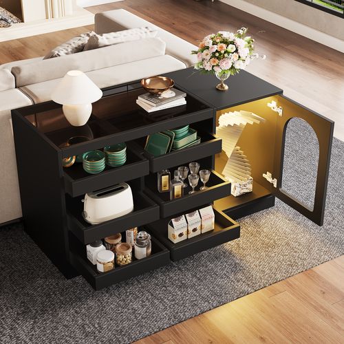 Buffet 120x40x75 Cm En Mdf Noir, 6 Tiroirs, Porte Vitrée Incurvée Ajourée Et Éclairage LED