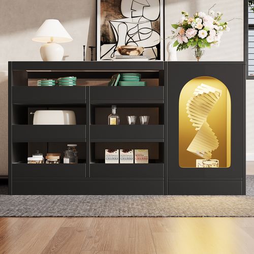 Buffet 120x40x75 Cm En Mdf Noir, 6 Tiroirs, Porte Vitrée Incurvée Ajourée Et Éclairage LED