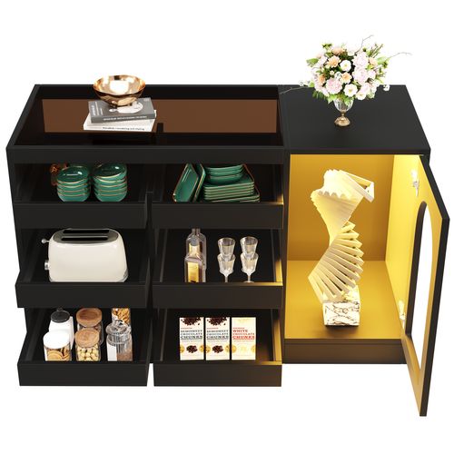 Buffet 120x40x75 Cm En Mdf Noir, 6 Tiroirs, Porte Vitrée Incurvée Ajourée Et Éclairage LED