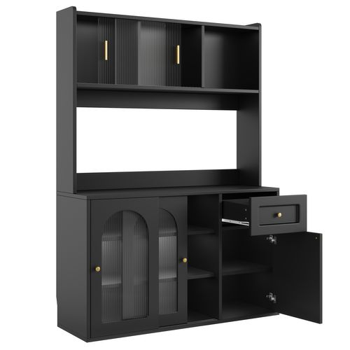 Buffet Haut 120x35x167 Cm Noir Mdf/pb, Portes Coulissantes En Verre, LED Pilotée Par App