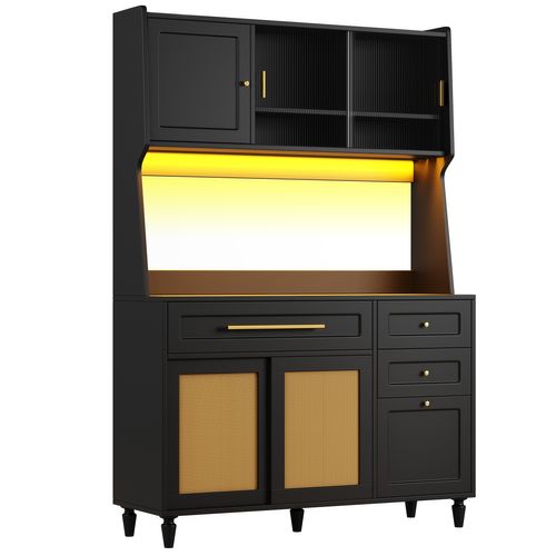 Buffet Haut 120x45x195,5 Cm En Pe-rattan Noir, LED Pilotable, 3 Tiroirs Et Vitrine