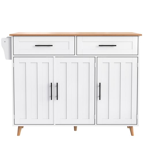 Desserte Roulante 129x71x91,5 Cm Blanche En Mdf - Plateau Imitation Bois Et Tablette Rabattable