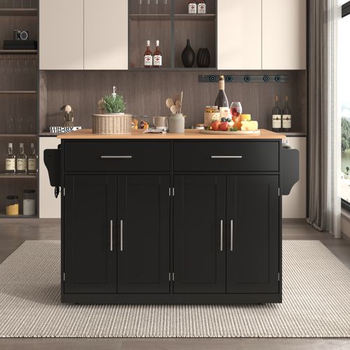 Desserte De Cuisine 120x46(70)x91,5 Cm En Mdf Noir Et Naturel, Plateau Rabattable, Roulettes