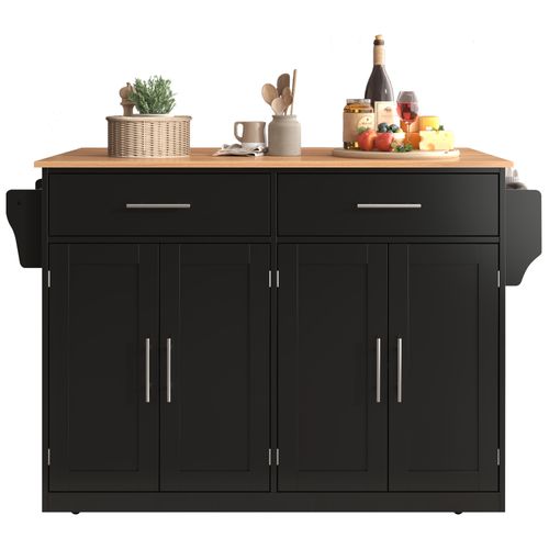 Desserte De Cuisine 120x46(70)x91,5 Cm En Mdf Noir Et Naturel, Plateau Rabattable, Roulettes