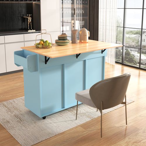 Desserte Îlot De Cuisine 139x46(71)x91,5 Cm Bleu En Mdf, Plateau Rabattable Et Roulettes