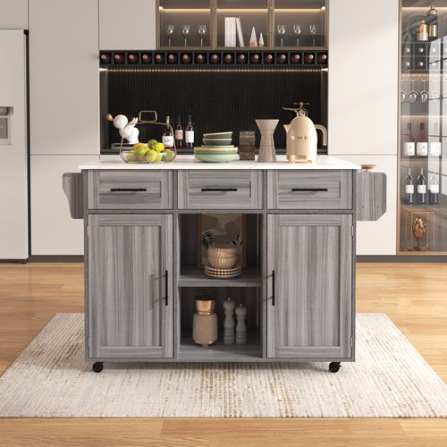 Desserte De Cuisine 139x46(71)x91,5 Cm En Mdf Gris Avec Plateau Pliant Effet Marbre Et Rangements
