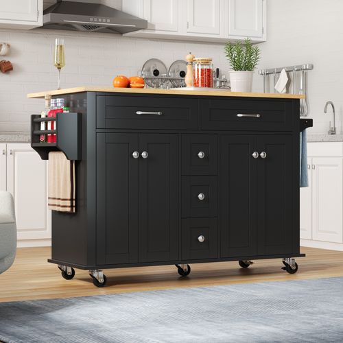 Desserte De Cuisine Extensible 120×65 Cm En Mdf Noir Et Naturel, Plateau 18 Mm, 5 Tiroirs