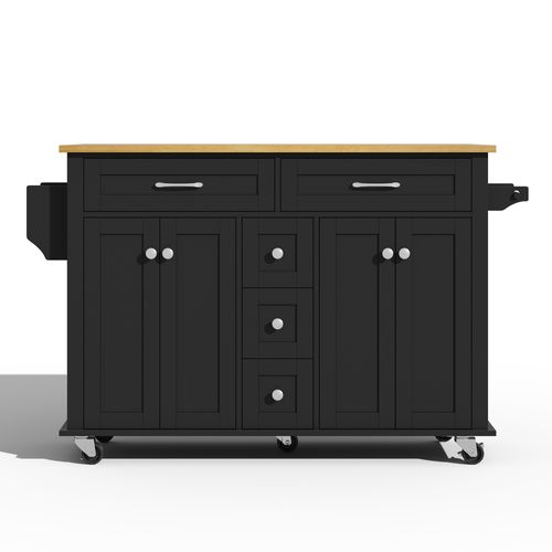 Desserte De Cuisine Extensible 120×65 Cm En Mdf Noir Et Naturel, Plateau 18 Mm, 5 Tiroirs