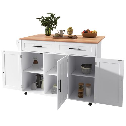 Desserte/îlot 129x46x91,5 Cm En Mdf Blanc Et Naturel, Plateau Extensible 120x76 Cm, 5 Roulettes