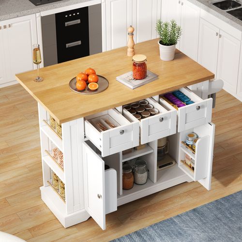 Îlot De Cuisine 132x40(70)x87 Cm Blanc/naturel, Plan Extensible 120x40-120x70 Cm, Prises USB