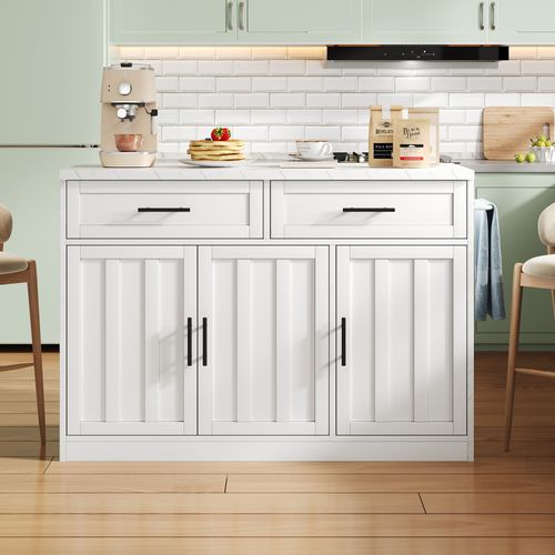 Îlot De Cuisine 120x60x91 Cm Blanc Avec Bar 20 Cm, Prises Eu Et Ports USB Intégrés