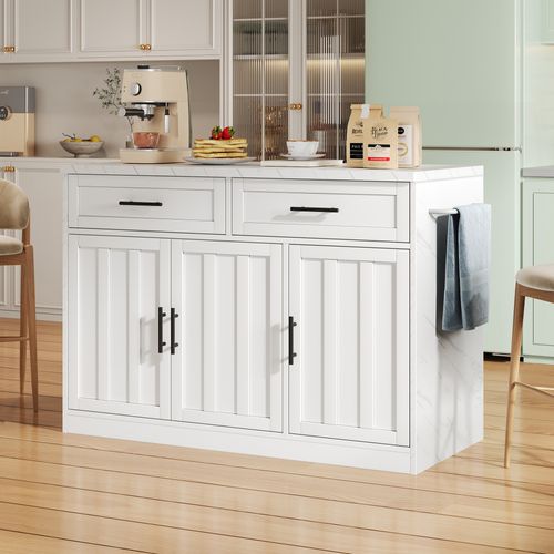 Îlot De Cuisine 120x60x91 Cm Blanc Avec Bar 20 Cm, Prises Eu Et Ports USB Intégrés