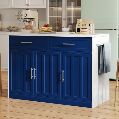 Îlot De Cuisine 120x60x91 Cm Bleu, Plan 2,4 Cm Effet Marbre, Bar 20 Cm, Prises Et USB Intégrés