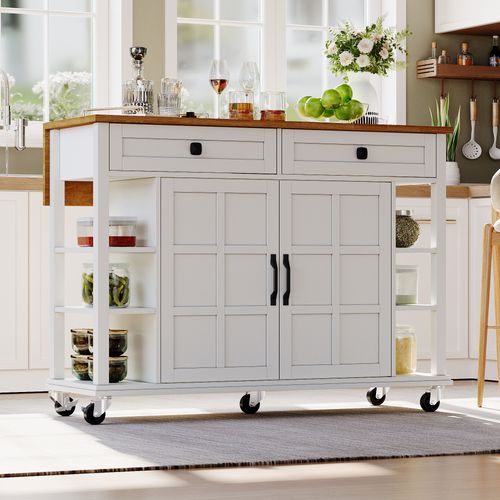 Desserte De Cuisine 120×65 Cm Extensible En Mdf Blanc/naturel, Plan 18 Mm, Roulettes