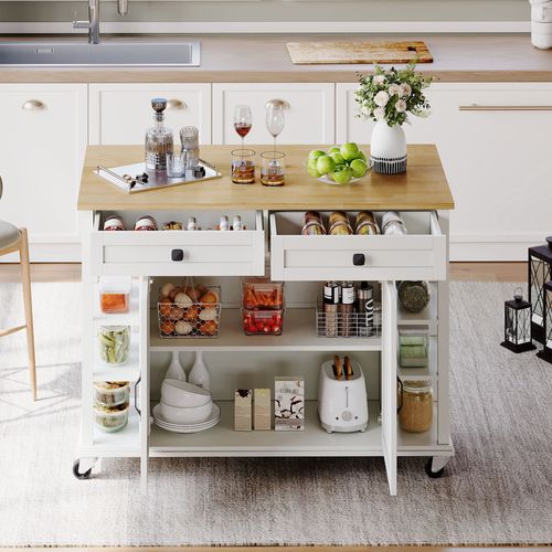 Desserte De Cuisine 120×65 Cm Extensible En Mdf Blanc/naturel, Plan 18 Mm, Roulettes