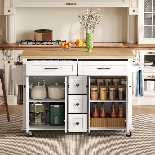 Chariot De Cuisine 120x65 Cm Extensible, Mdf Blanc/naturel, Plan 18 Mm, 5 Tiroirs Sur Roulettes