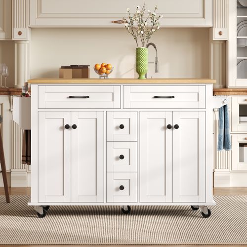Chariot De Cuisine 120x65 Cm Extensible, Mdf Blanc/naturel, Plan 18 Mm, 5 Tiroirs Sur Roulettes