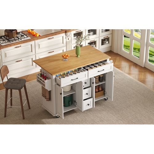 Chariot De Cuisine 120x65 Cm Extensible, Mdf Blanc/naturel, Plan 18 Mm, 5 Tiroirs Sur Roulettes