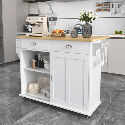 Chariot De Service 112x40(70)x94 Cm Blanc/naturel, Plateau Rabattable Bois, Tiroirs Et Roulettes