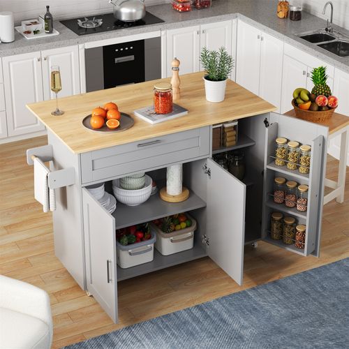 Lit Desserte 120x70 Cm En Mdf Gris, Plateau Rabattable Effet Chêne, Rangements, 5 Roulettes
