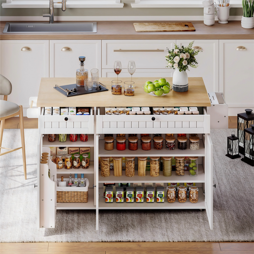 Îlot De Cuisine 137x89,5x45 Cm En Mdf Naturel/blanc, Plan Rabattable Extensible 137x70 Cm