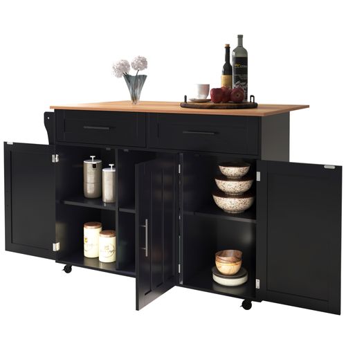 Desserte Îlot Roulante 129x46x91,5 Cm En Mdf Noir Et Naturel Avec Plateau Rabattable 120x76 Cm