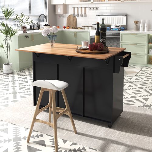 Desserte Îlot Roulante 129x46x91,5 Cm En Mdf Noir Et Naturel Avec Plateau Rabattable 120x76 Cm