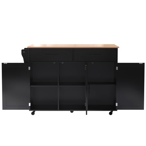 Desserte Îlot Roulante 129x46x91,5 Cm En Mdf Noir Et Naturel Avec Plateau Rabattable 120x76 Cm