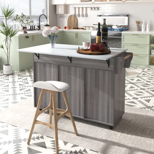 Desserte 129x46x91,5 Cm En Mdf Blanc Et Gris Kaki, Plan Marbré Et Rallonge Pliable 120x76 Cm