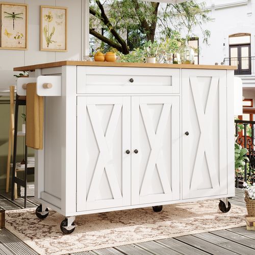 Îlot De Cuisine 99x70x90 Cm Blanc, Plan Rabattable, 5 Roulettes (2 Freinées) Et Grand Rangement